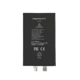 The REPART Battery Cell Replacement for iPhone XS - 16 Pro Max is a rectangular lithium-ion battery with caution warnings and technical details in white on its black surface, plus two metal connectors at the bottom.