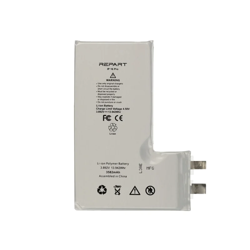 repart-iphone-16-pro-battery-cell Rectangular lithium polymer battery labeled REPART Battery Cell Replacement for iPhone XS - 16 Pro Max, black text with specs and safety warnings, two metal connectors on the right. Includes certification symbols—ideal for iPhone battery replacement.