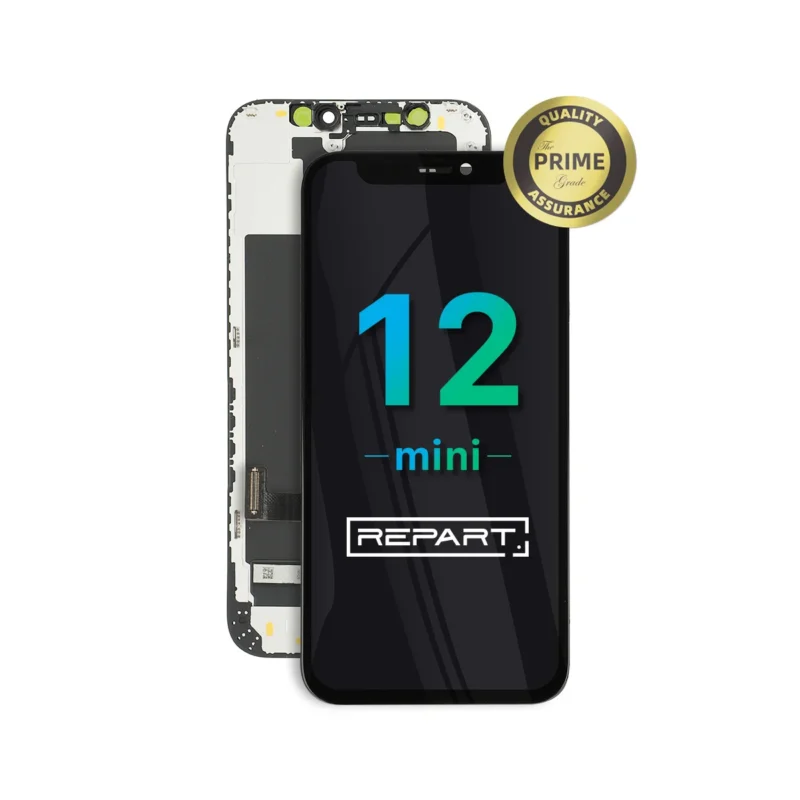 iphone-12-mini-hard-oled-screen-replacement An iPhone 12 mini replacement screen is shown with its front and back visible. A gold seal labeled QUALITY PRIME ASSURANCE is in the top right corner. The screen displays 12 mini and REPART! on it.