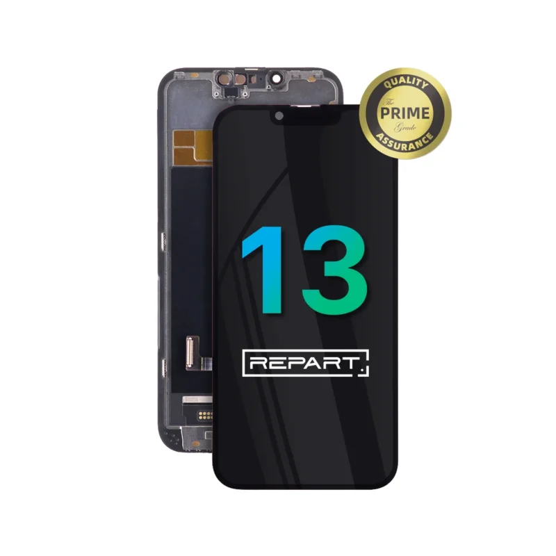 iphone-13-hard-oled-screen-replacement A replacement screen for an iPhone 13 is displayed, showing both the front and back of the screen. A gold “Quality Prime Assurance” badge appears on the top right corner.