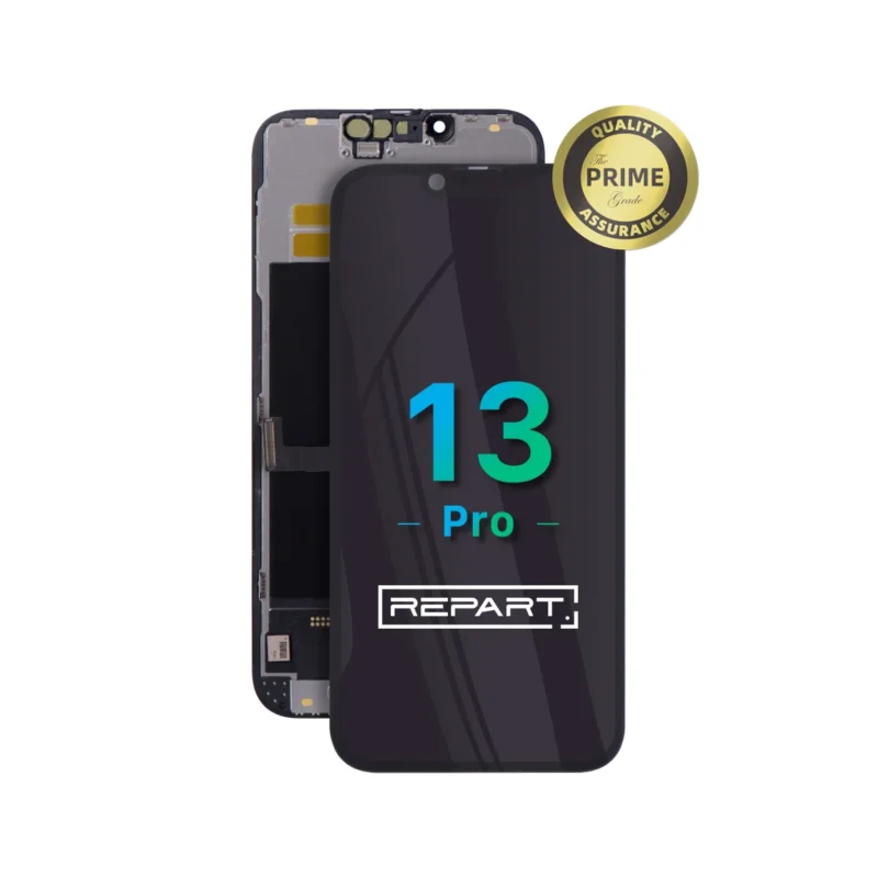 iphone-13-pro-hard-oled-screen-replacement A replacement display screen and digitizer assembly for an iPhone 13 Pro, shown with a Quality Prime Assurance gold badge and the brand name Repart on the front screen.