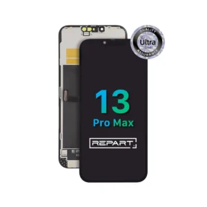The REPART Ultra Soft OLED Screen Replacement for iPhone 13 Pro Max–15 Pro Max is shown with front and back views. A Quality Ultra Assurance badge appears in the corner, and the screen displays "13 Pro Max" and "REPART.
