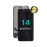 A smartphone screen replacement part displays the number 14 and the word REPART on its screen. A gold badge at the top right reads Quality Prime Assurance. The screen and its internal components are visible.