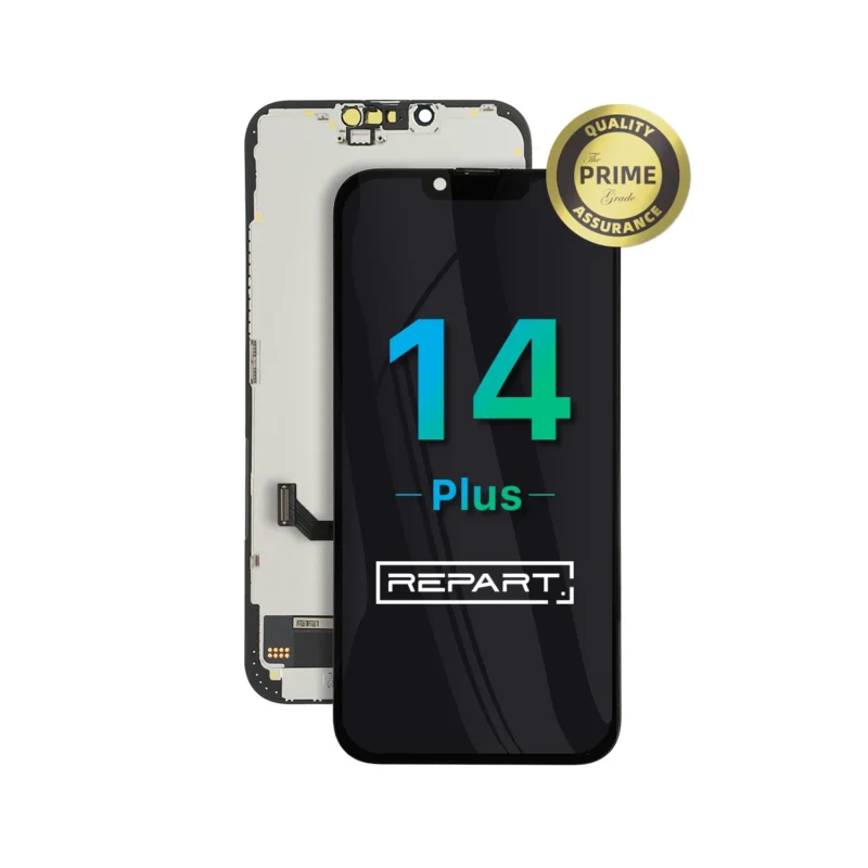 iphone-14-plus-hard-oled-screen-replacement A replacement display screen for an iPhone 14 Plus is shown, with the front and back views visible. The front displays 14 Plus and REPART branding, and a gold Quality Prime Assurance badge is in the corner.