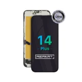 A Quality Ultra Assurance badge highlights this REPART Ultra Soft OLED Screen Replacement for iPhone 13 Pro Max–15 Pro Max, showing both sides of the soft OLED with "REPART" displayed prominently on the screen.