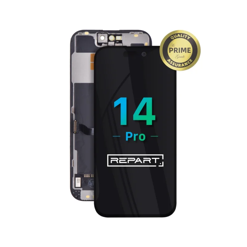 iphone-14-pro-hard-oled-screen-replacement A replacement smartphone screen labeled 14 Pro is shown in front of its internal back side. A gold Quality Prime Assurance badge appears in the top right corner. The brand REPART is displayed on the screen.