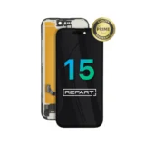 A replacement smartphone screen and digitizer assembly with the number 15 on the display and a PRIME Quality Assurance gold badge in the corner. The brand name REPART is visible on the screen.