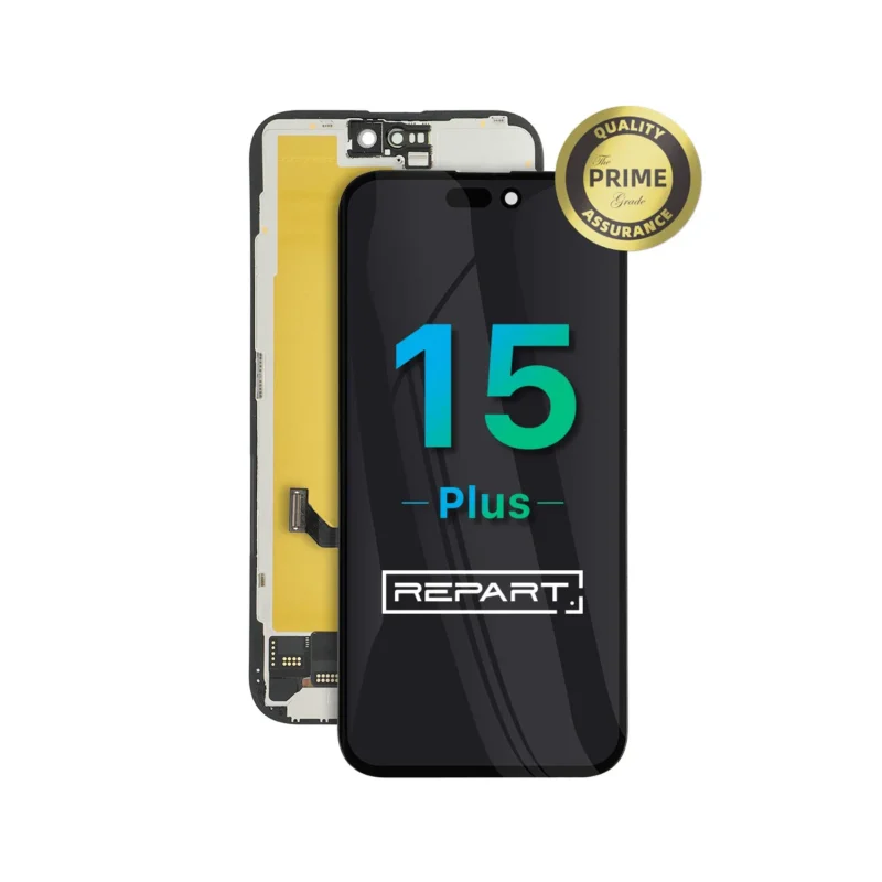iphone-15-plus-hard-oled-screen-replacement A replacement smartphone screen labeled 15 Plus with REPART branding, shown front and back, and a Prime Quality Assurance gold badge in the corner.
