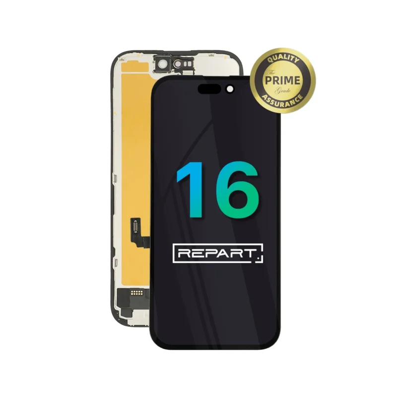 iphone-16-hard-oled-screen-replacement Replacement screen assembly for iPhone 16 displayed with front and back views, featuring a REPART! logo on the screen and a gold Quality Prime Assurance badge in the top right corner.