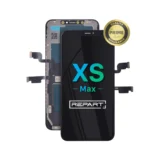 A replacement screen and digitizer assembly for an iPhone XS Max, shown with connectors visible, featuring the text XS Max and a Quality Prime Assurance badge in the corner.